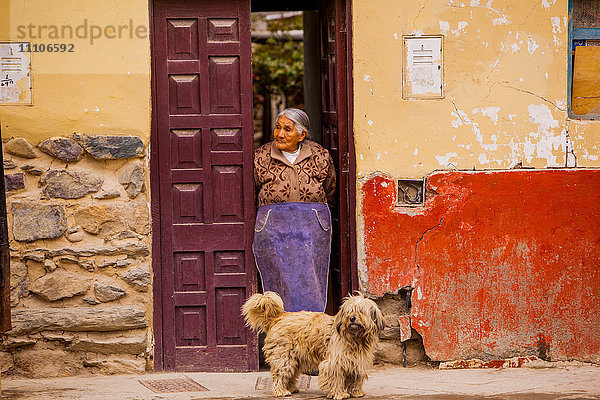 Frau und ihr Hund  Ollantaytambo  Heiliges Tal  Peru  Südamerika