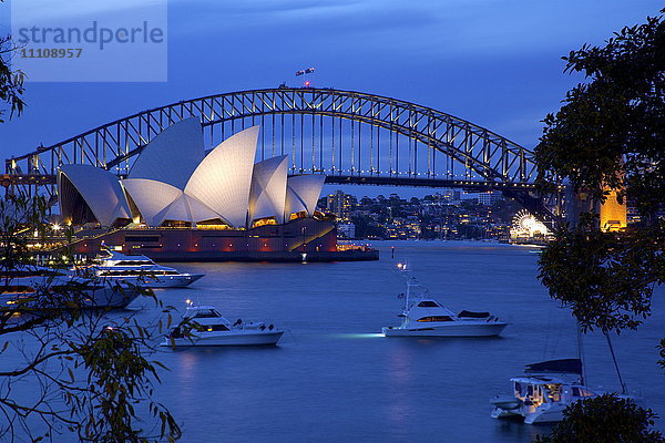 Opernhaus und Hafenbrücke von Mrs Macquarie's Chair in der Abenddämmerung  Sydney  New South Wales  Australien  Ozeanien