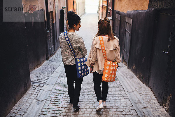 Rückansicht von Freunden  die beim Spaziergang durch die Gasse inmitten von Gebäuden in der Stadt sprechen.