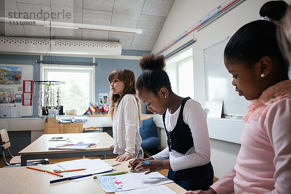 Studentinnen studieren im Stehen am Schreibtisch im Klassenzimmer