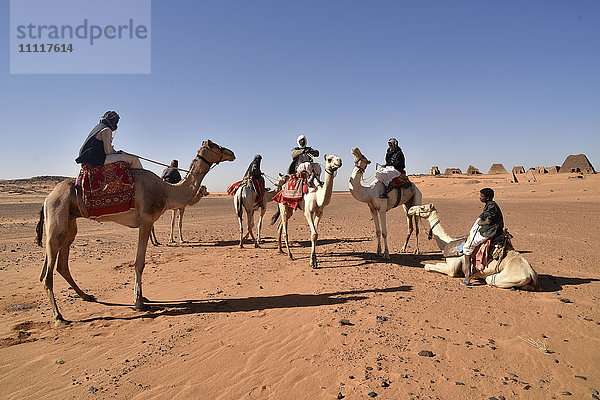 Afrika  Sudan  Nubien  Nomade mit Dromedar  im Hintergrund die Pyramiden von Meroe