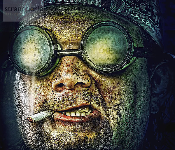 Illustration eines kaukasischen Mannes mit Schutzbrille  der raucht