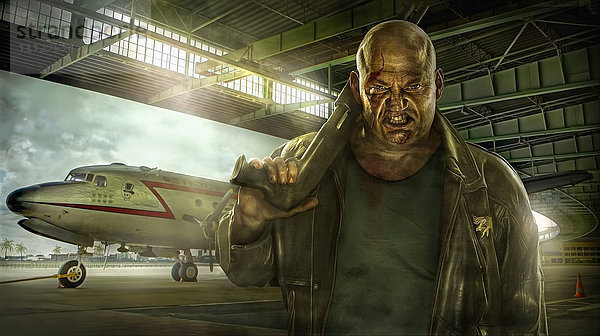Illustration eines gemischtrassigen Mannes mit einer Waffe in einem Flugzeughangar