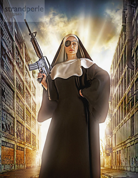 Illustration einer kaukasischen Nonne mit Augenklappe und Maschinengewehr