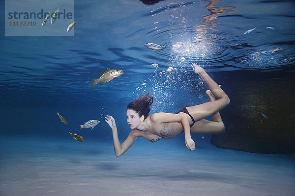 Gemischtrassige Frau schwimmt im Wasser mit Fischen
