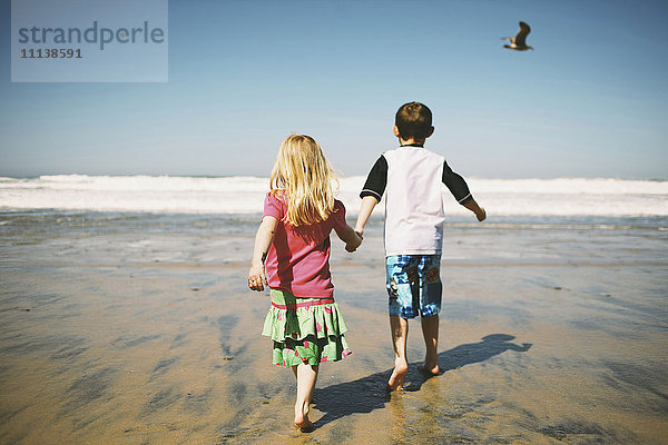 Kinder gehen gemeinsam am Strand spazieren