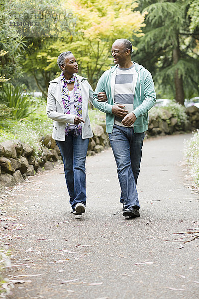 Lächelndes afroamerikanisches Paar geht im Park spazieren