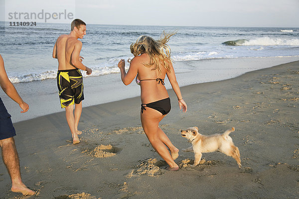 Teenager und Welpe laufen am Strand