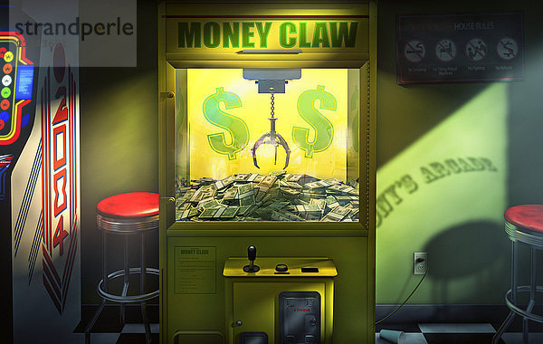 Klaue greift nach Geld in Geldklaue Arcade-Automat