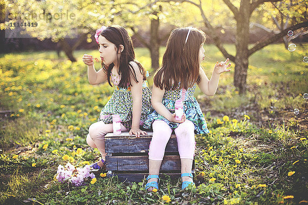 Mädchen blasen Seifenblasen in Obstgarten Feld