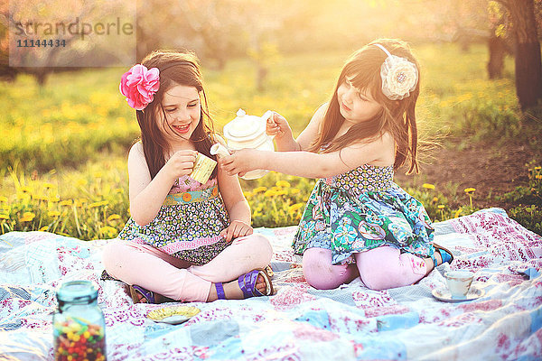 Mädchen mit Tee-Party Picknick in ländlichen Feld