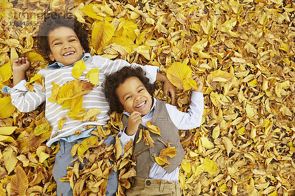 Gemischtrassige Jungen liegen im gelben Herbstlaub