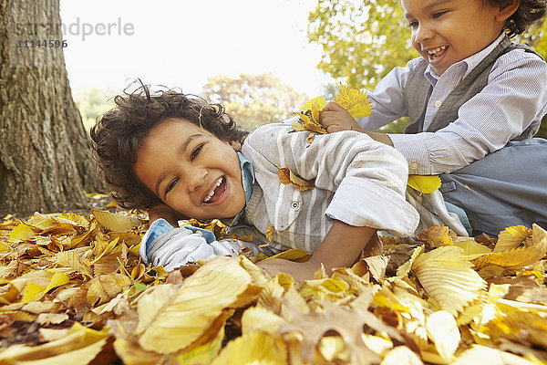 Gemischtrassige Jungen spielen im gelben Herbstlaub