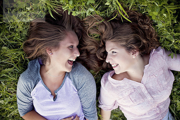 Lachende kaukasische Frauen  die im Gras liegen