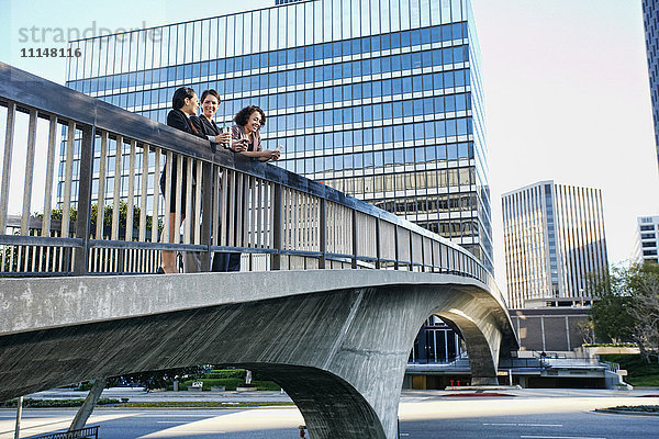 Geschäftsfrauen im Gespräch auf der städtischen Himmelsbrücke