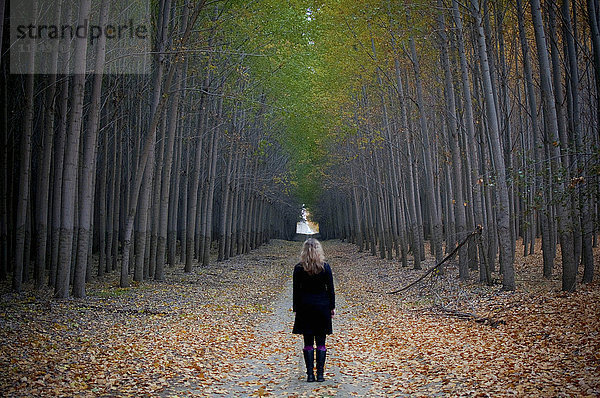 Kaukasische Frau steht auf einem Weg zwischen Bäumen