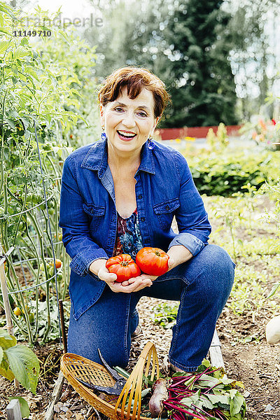 Kaukasische Frau hält Tomaten im Garten