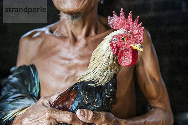 Nahaufnahme eines Bauern  der ein Huhn hält