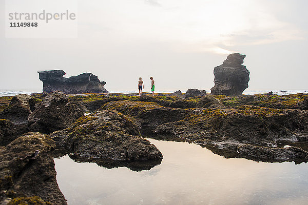 Kaukasische Kinder erkunden felsige Gezeitentümpel  Canggu  Bali  Indonesien