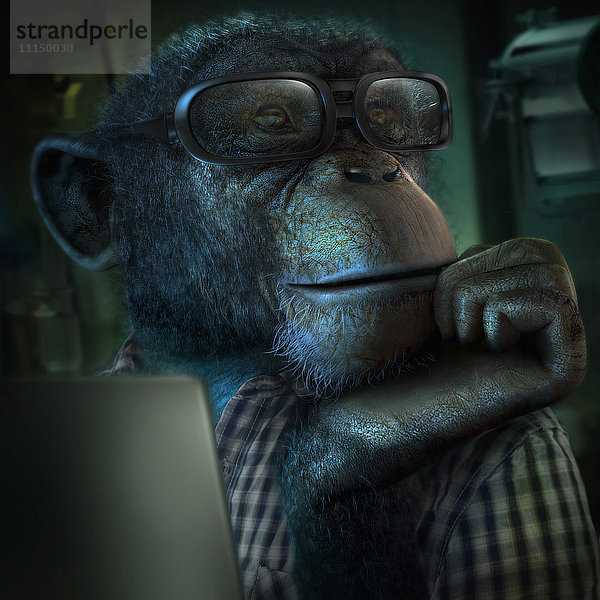 Affe mit Brille stützt Kinn in die Hand