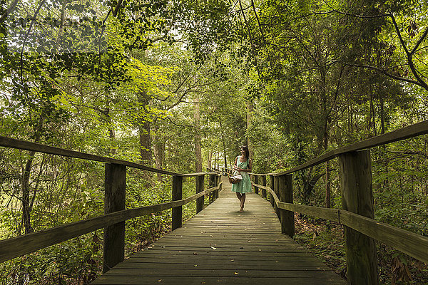 Hispanische Frau geht auf Holzsteg im Wald