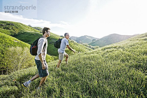 Kaukasischer Vater und Sohn gehen auf einem grasbewachsenen Hügel spazieren