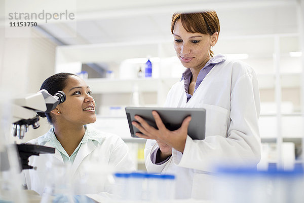 Wissenschaftler verwenden digitales Tablet und Mikroskop im Labor
