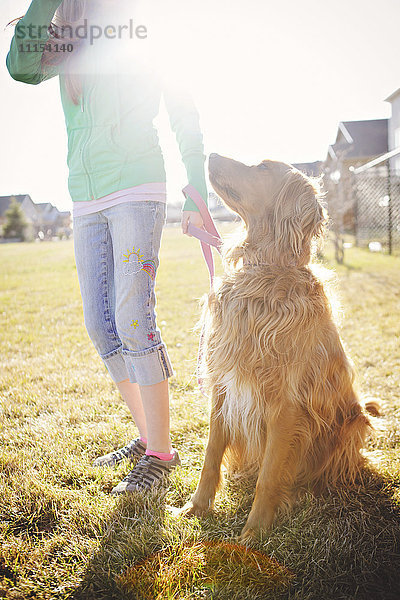 Kaukasisches Mädchen geht mit Hund im Feld spazieren