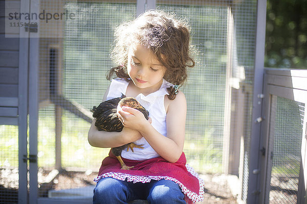 Neugieriges Mädchen hält Huhn auf dem Bauernhof