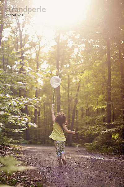 Mädchen spielt mit Schmetterlingsnetz im Wald