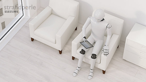 Roboter sitzend auf Sessel mit Tablett  3D Rendering