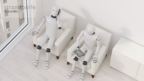 Zwei Roboter auf Sesseln mit Tablett und Smartphone  3D Rendering