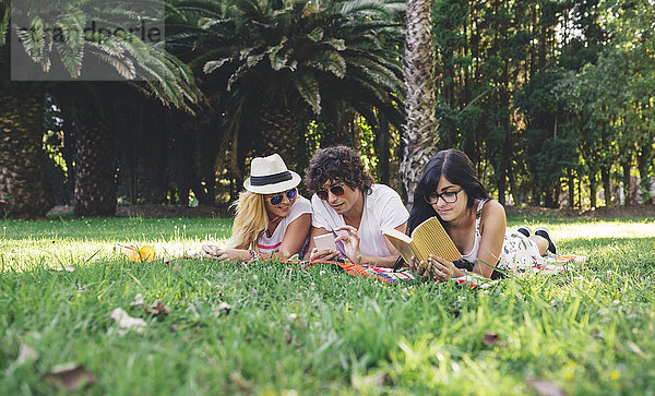 Freunde im Park lesen Buch und mit dem Handy