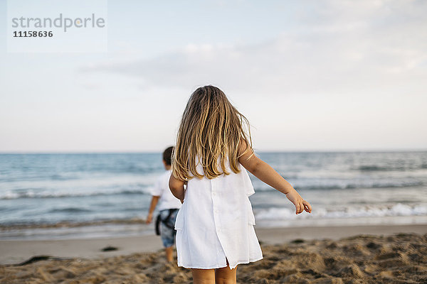 Rückansicht des kleinen Mädchens  das am Strand mit seiner Freundin spielt.