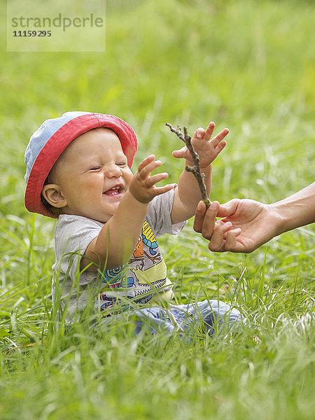 Glücklicher kleiner Junge  der auf einer Wiese sitzt und Zweig aus der Hand seiner Mutter nimmt.