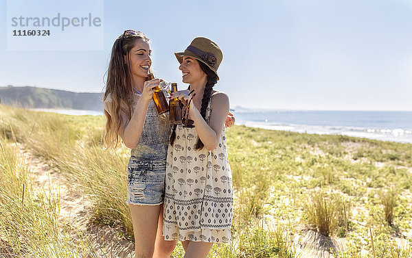 Zwei Freunde stoßen mit Bierflaschen am Strand an.