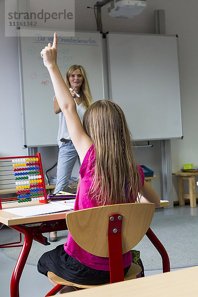 Rückansicht der Schülerin mit erhobener Hand