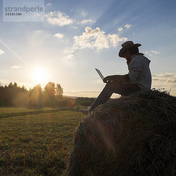 Mari Mann sitzt bei Sonnenuntergang auf einem Heuballen und benutzt einen Laptop