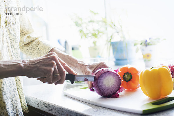 Eine Frau steht in einer Küche und schneidet auf einem Schneidebrett eine rote Zwiebel und Paprika.