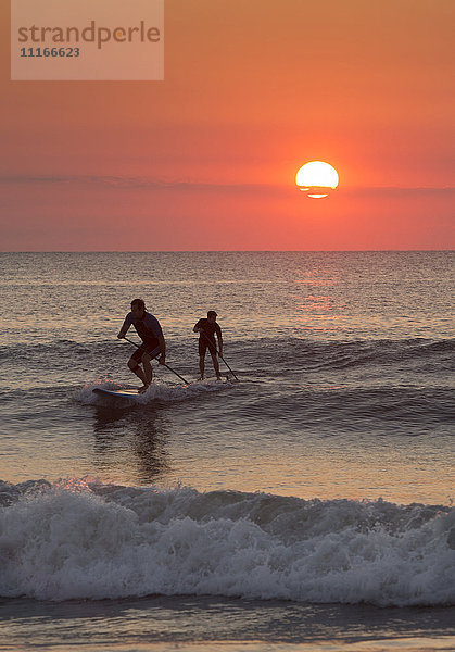 Silhouette von Männern Paddleboarding auf Ozean Wellen