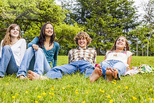 Freunde sitzen und liegen im Gras