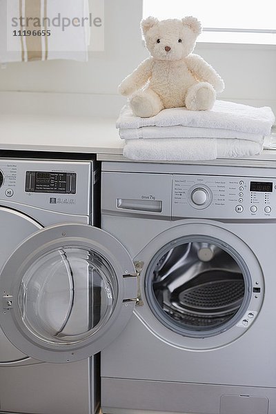 Teddybär auf der Waschmaschine zu Hause
