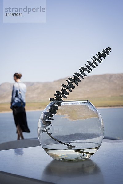 Blätter im Glastopf auf dem Tisch mit einer Frau am Wasser im Hintergrund