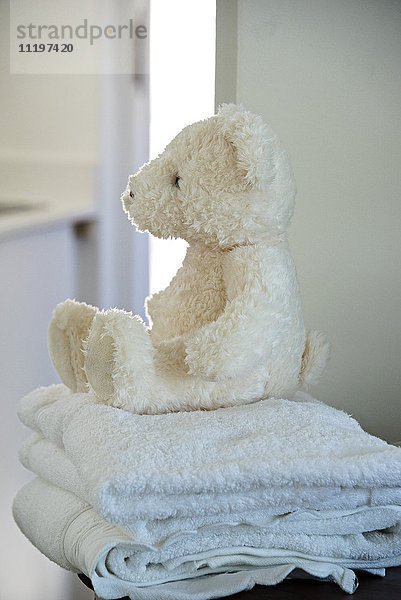 Teddybär auf Handtuch im Bad