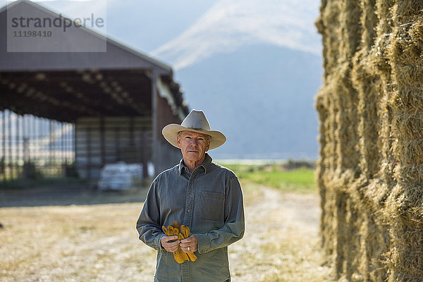 Kaukasischer Bauer hält Handschuhe in der Nähe von Heustapeln