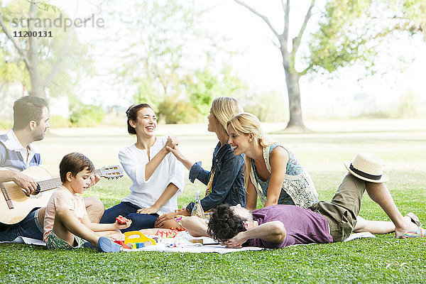Freunde  die einen unbeschwerten Moment beim Picknick im Park haben.