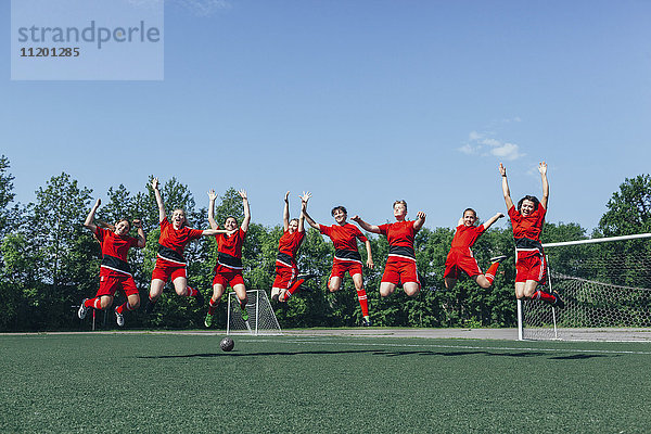 Fröhliche Fußballmannschaft jubelt auf dem Feld gegen den Himmel