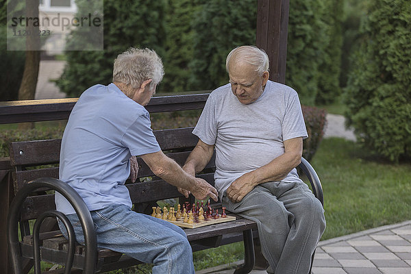 Ältere Freunde spielen Schach  während sie auf einer Parkbank gegen Bäume sitzen.