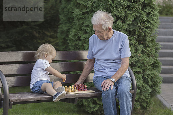 Senior Mann spielt Schach mit Enkelin auf Parkbank gegen Baum