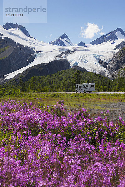 Blick auf den Worthington-Gletscher und das Feuergras im Vordergrund mit einem Wohnmobil auf dem Richardson Highway  Süd-Zentral-Alaska  USA